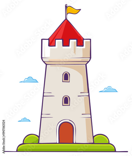 Bright cartoon fairytale castle tower vector illustration with red roof, yellow flag, and green base