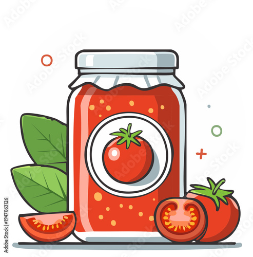 Cartoon illustration of a jar of tomato jam with tomatoes and basil leaves