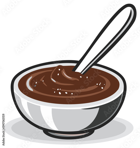 Bowl with Chocolate Pudding with Spoon: Delicious Dessert vector