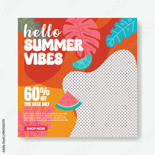 Tropical Summer sale social media post, web banner editable template, summer vacation, summer holiday, summer pool party social media flyer or poster design with summer tropical background
