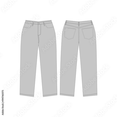 Blank light grey jeans pants mockup front and back view. Technical flat sketch clothing template for fashion design tech pack. Straight leg denim trousers apparel CAD illustration