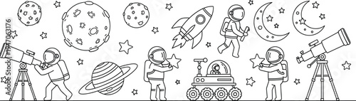 Space Exploration Icon Set Featuring Astronauts, Planets, Rockets, Telescopes, and Cosmic Elements for Sci-Fi and Educational Designs
