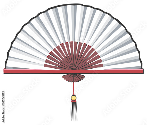 Elegant Asian folding fan artwork in red, white and gray; decorative handheld paper object with tassel