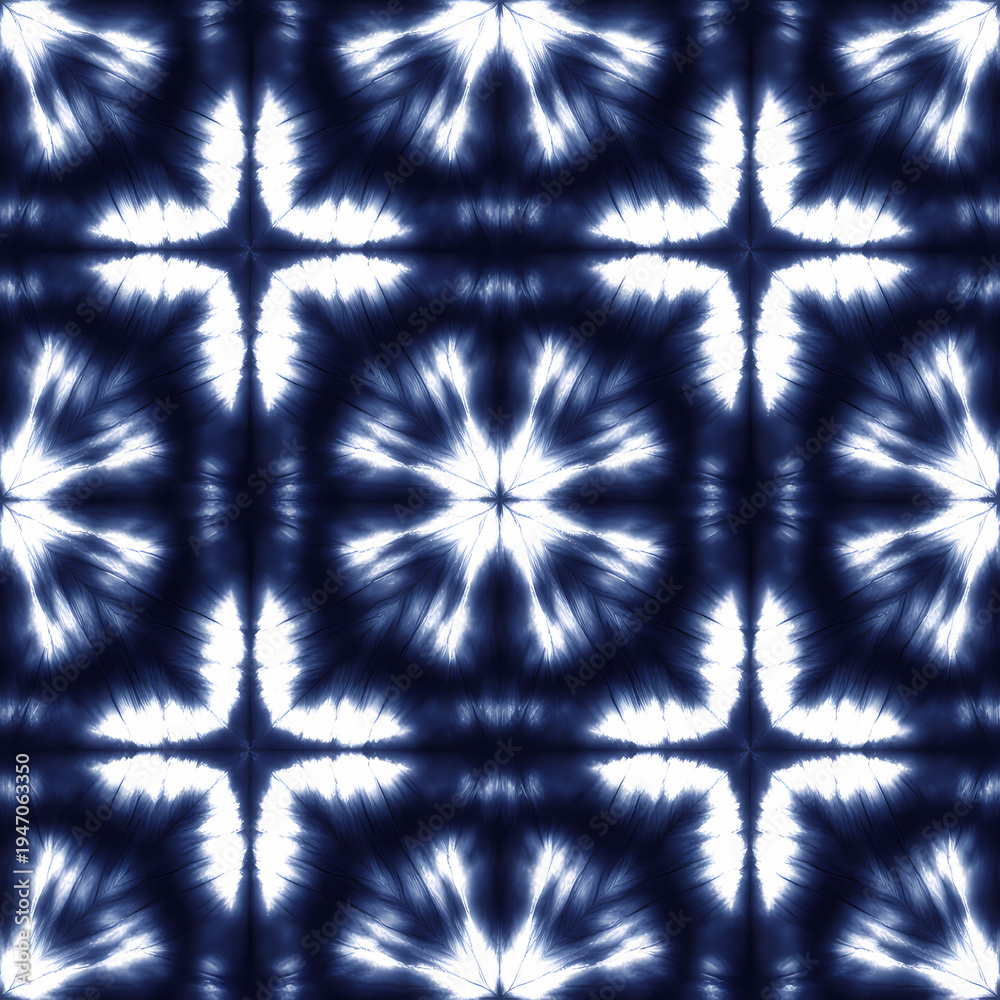Fototapeta premium Indigo Shibori Star Seamless Pattern, Japanese Tie Dye Geometric Textile Background