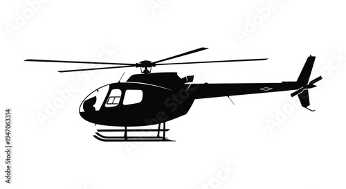 Black silhouette of a helicopter in profile against a white background