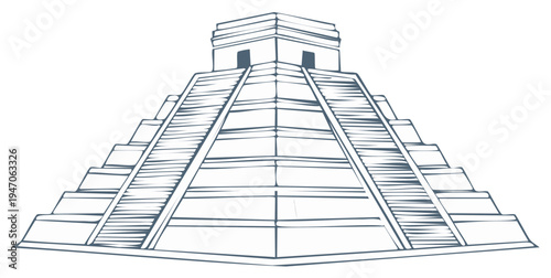 Stylized Ancient Step Pyramid Architectural Landmark Outline Drawing