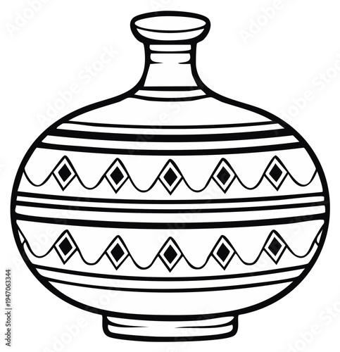 Black and white illustration of an ornamented ceramic vase.