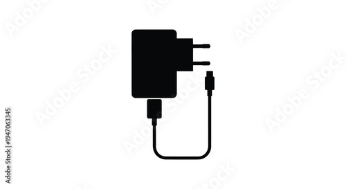 A black power adapter with a cylindrical connector and cable is displayed against a white background silhouette