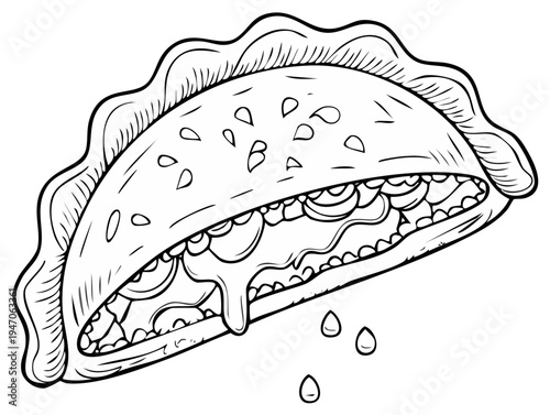 Detailed Line Drawing of a Delicious Empanada Stuffed with Meat Cheese and Sauce