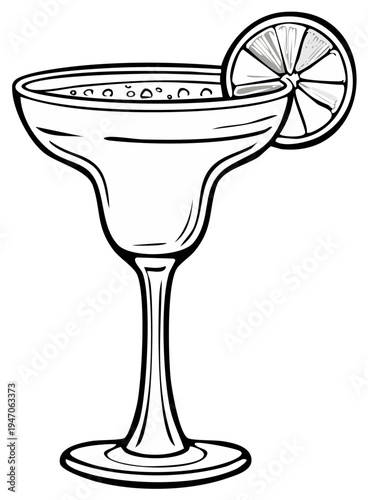 Hand drawn line art of a margarita cocktail with a lime slice garnish