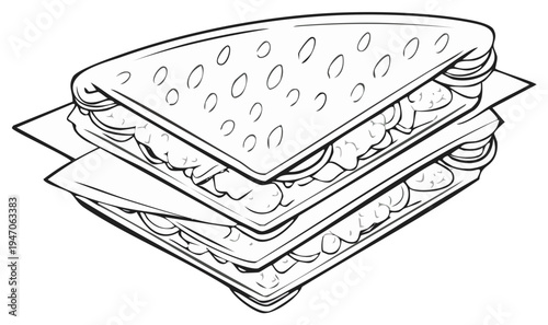 Sketch of a triple layered sandwich featuring triangular bread, filling, and onion rings; illustrated food concept