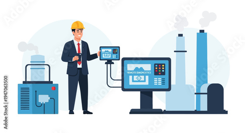 Industrial Engineer Performing Remote Diagnostics and Smart Factory Monitoring via Tablet and Digital Systems