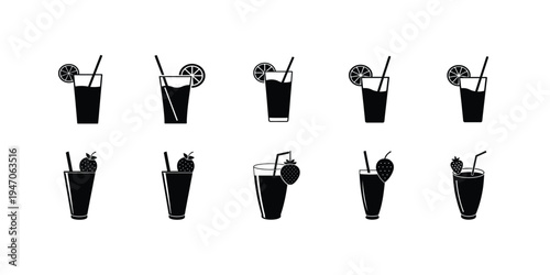 Fresh juice and smoothie silhouette icon set featuring orange slice and strawberry for summer refreshment and more vector illustration or editable stroke