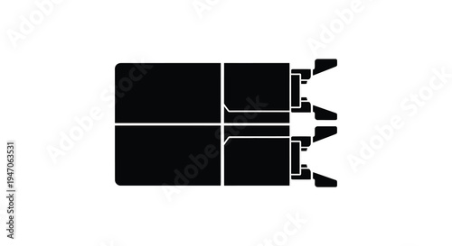 A minimalist black graphic depicts a top down view of two connected rectangular train cars a striking silhouette