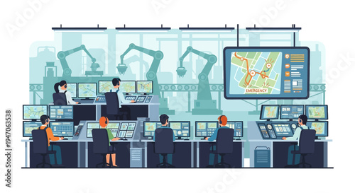 Industrial Control Center: Team Monitors Automated Manufacturing & Emergency Dispatch Systems