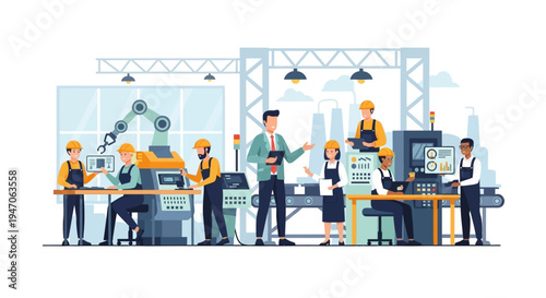 Modern Manufacturing Factory with Diverse Workers, Automation, and Management Overseeing Production Line Operations