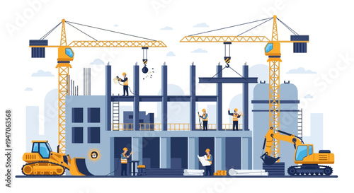 Modern Construction Site with Workers, Cranes, and Heavy Machinery - Flat Design Vector Illustration