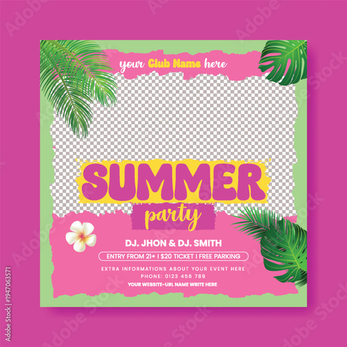 summer beach or pool party editable social media post, banner, summer web banner for summer fashion sale offer template, summer Holiday and tour advertisement, summer social media square flyer poster 