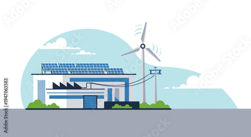 Sustainable Energy Building: Solar Panels and Wind Turbine Generating Green Power. Modern Eco-Friendly Electricity Solution