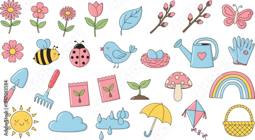 Spring and Gardening Icon Set Featuring Flowers, Bees, Birds, Tools, Umbrella, Sun, Rainbow, and More for Nature and Seasonal Designs