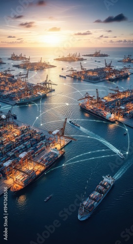Aerial View of Busy Port with Containers and Cargo Ships at Sunset