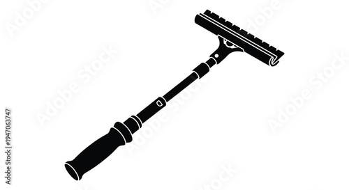 A stark black silhouette of a long handled window squeegee against a plain white background silhouette high quality
