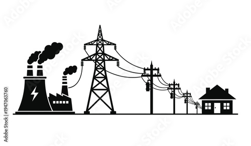 A schematic representation of electricity generation and distribution from plant to residential home