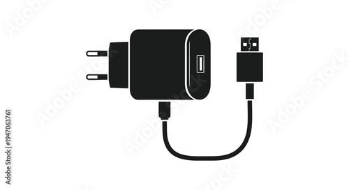 A black power adapter with a usb cable is displayed in a minimalist stark design silhouette high quality