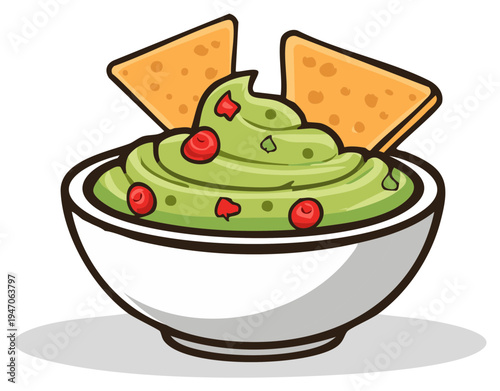 Delicious guacamole bowl with tortilla chips appetizing illustration vibrant food icon Mexican snack cartoon tasty dip healthy