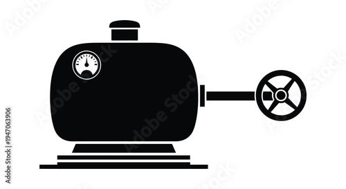 Black and white illustration of a vintage pressure gauge with a valve