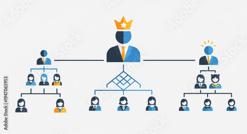 Business organizational chart with king leader at top.
