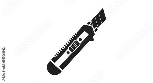 A stark black graphic depicts a retractable utility knife with a textured grip presented as a silhouette