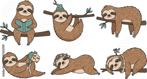 Cute sloth character collection, lazy forest animals reading book, sleeping on branch, wearing flower crown, nursery vector illustration, isolated on white background.