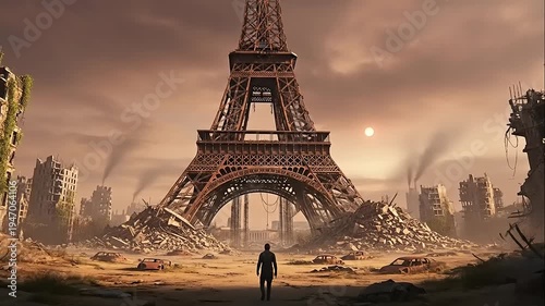 Post Apocalyptic Eiffel Tower Ruins Scene.