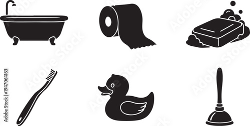 Bathroom and hygiene icon set showing bathtub toilet paper soap brush rubber duck and plunger for domestic sanitation