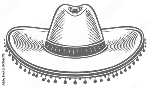 Traditional Mexican Sombrero Hat with Decorative Tassel Edge Engraved Style