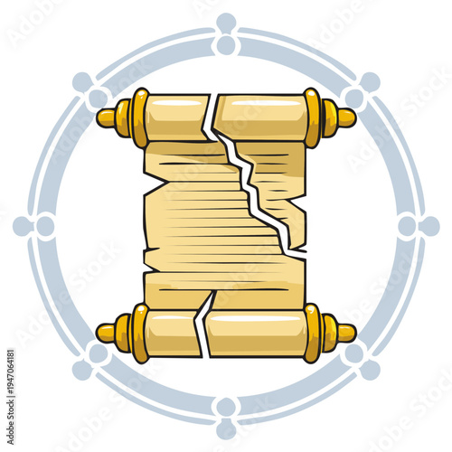 Ancient torn scroll with golden rollers and a decorative blue circular frame