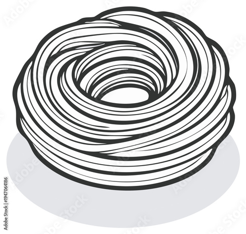 Stylized Line Art Illustration of a Swirled Nest of Thin Pasta Noodles Isolated