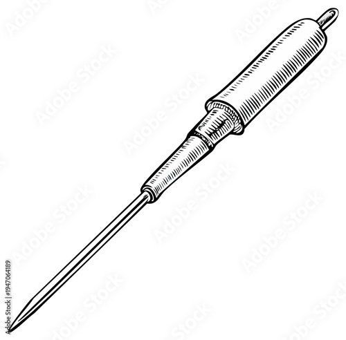 Detailed hand drawn illustration of a vintage awl tool for sewing and leatherwork
