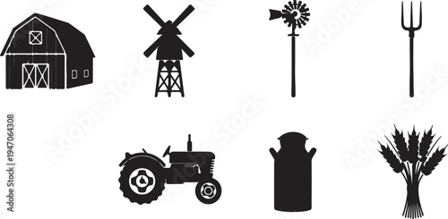 Farm icons: barn, windmill, water pump, pitchfork, tractor, milk can, and wheat sheaf