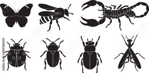 Insects and arachnids collection featuring butterfly honey bee scorpion ladybug beetles and praying mantis silhouettes