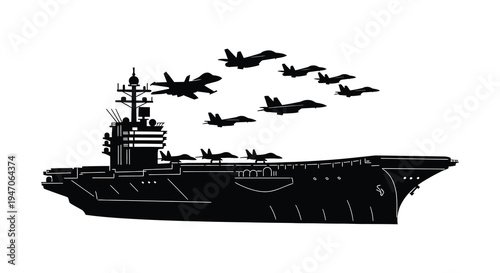 A striking black silhouette depicts a naval aircraft carrier with fighter jets in formation creating a dramatic silhouette