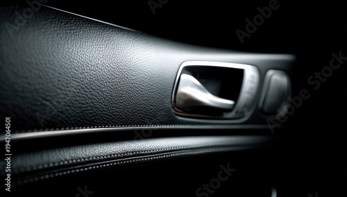 Close-up of a cars interior door handle and panel.