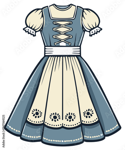 Traditional Dirndl dress with lacing bodice for festival or party in Bavarian style illustration with pattern design