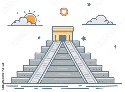 Stylized illustration of an ancient stepped pyramid with sun and clouds in the sky