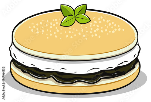 Cartoon illustration of a layered dessert with a mint leaf garnish
