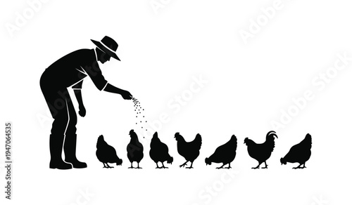 A silhouette illustration of a farmer wearing a hat feeding a row of chickens on a small farm