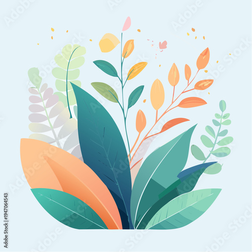 Vibrant abstract botanical illustration featuring an array of stylized leaves and branches, embodying a fresh and harmonious concept of natural growth