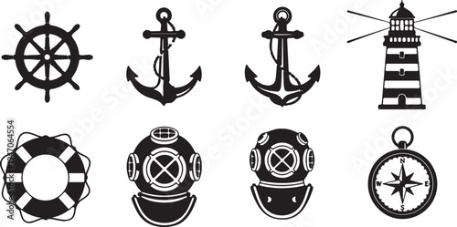 Nautical collection featuring ship steering wheel anchor lighthouse lifebuoy diving helmet compass marine ocean symbols