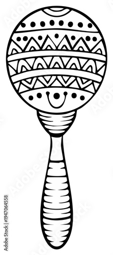Illustration of a black and white maraca with ornamental designs for musical instruments